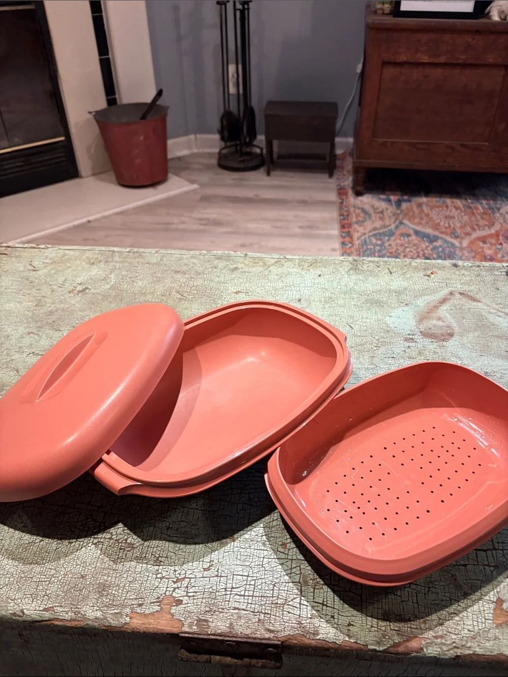 Vintage Tupperware Microwave Steamer 6 Cup Coral Salmon Covered Dish Insert